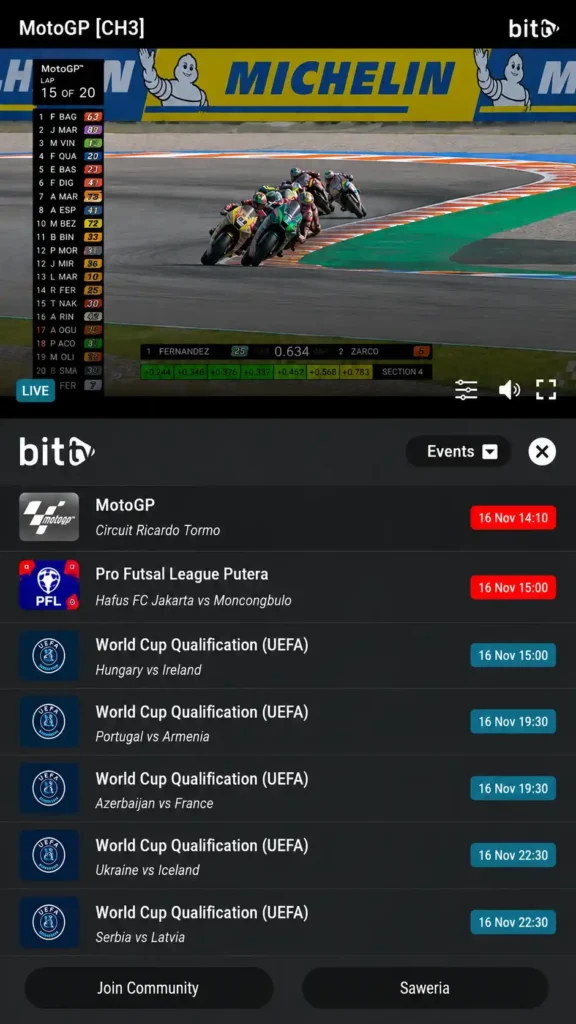 Bit Tv 1 bittv section showing worldcup motoGP